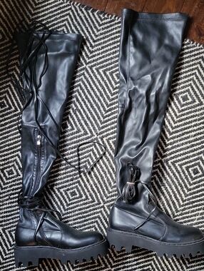 Black Over-the-Knee Lace-Up Chunky Sole Boots